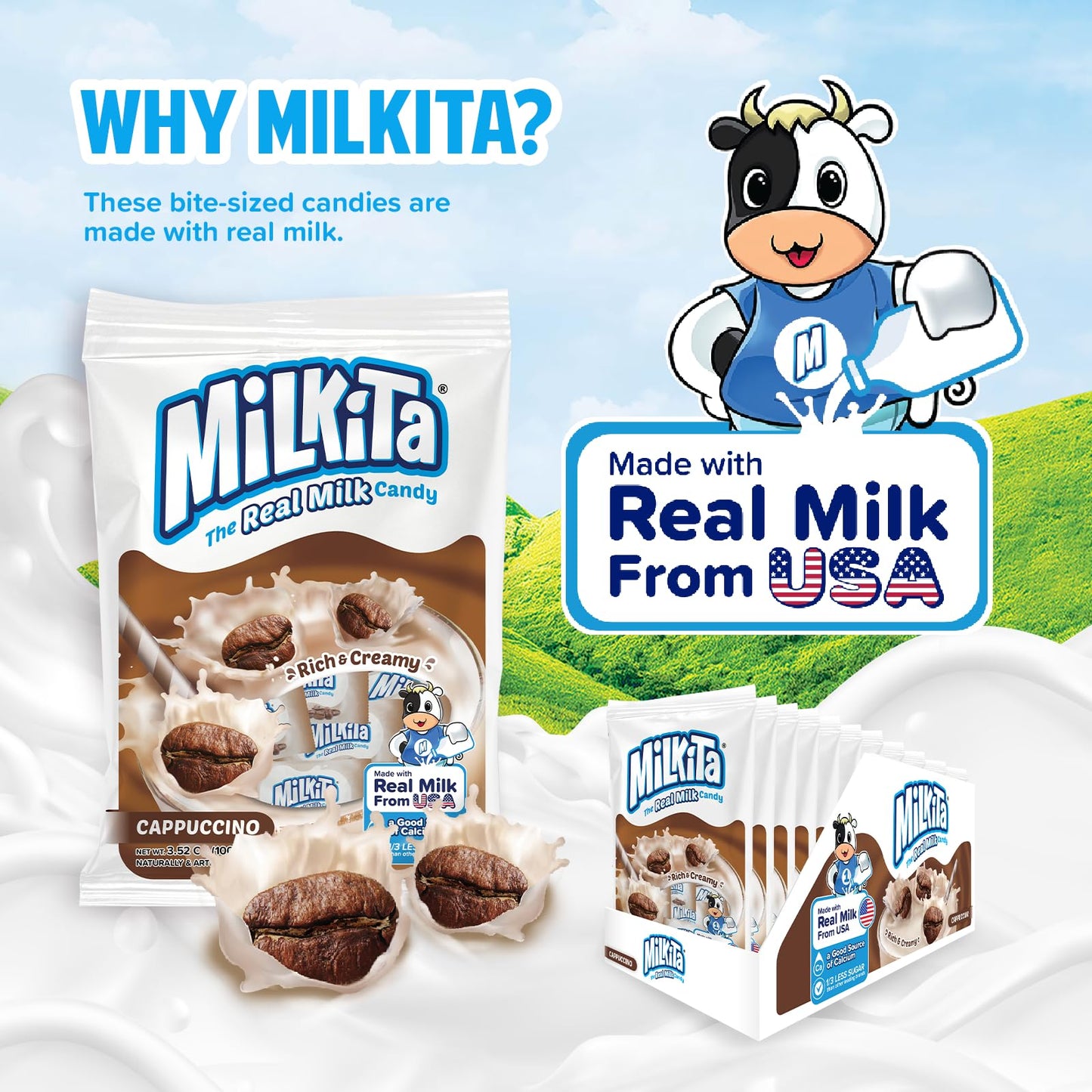 Milkita Creamy Shake Candy Bag, Gluten Free Chewy Candies, Low-Sugar, Cappuccino Flavor, 30 Count, Brown
