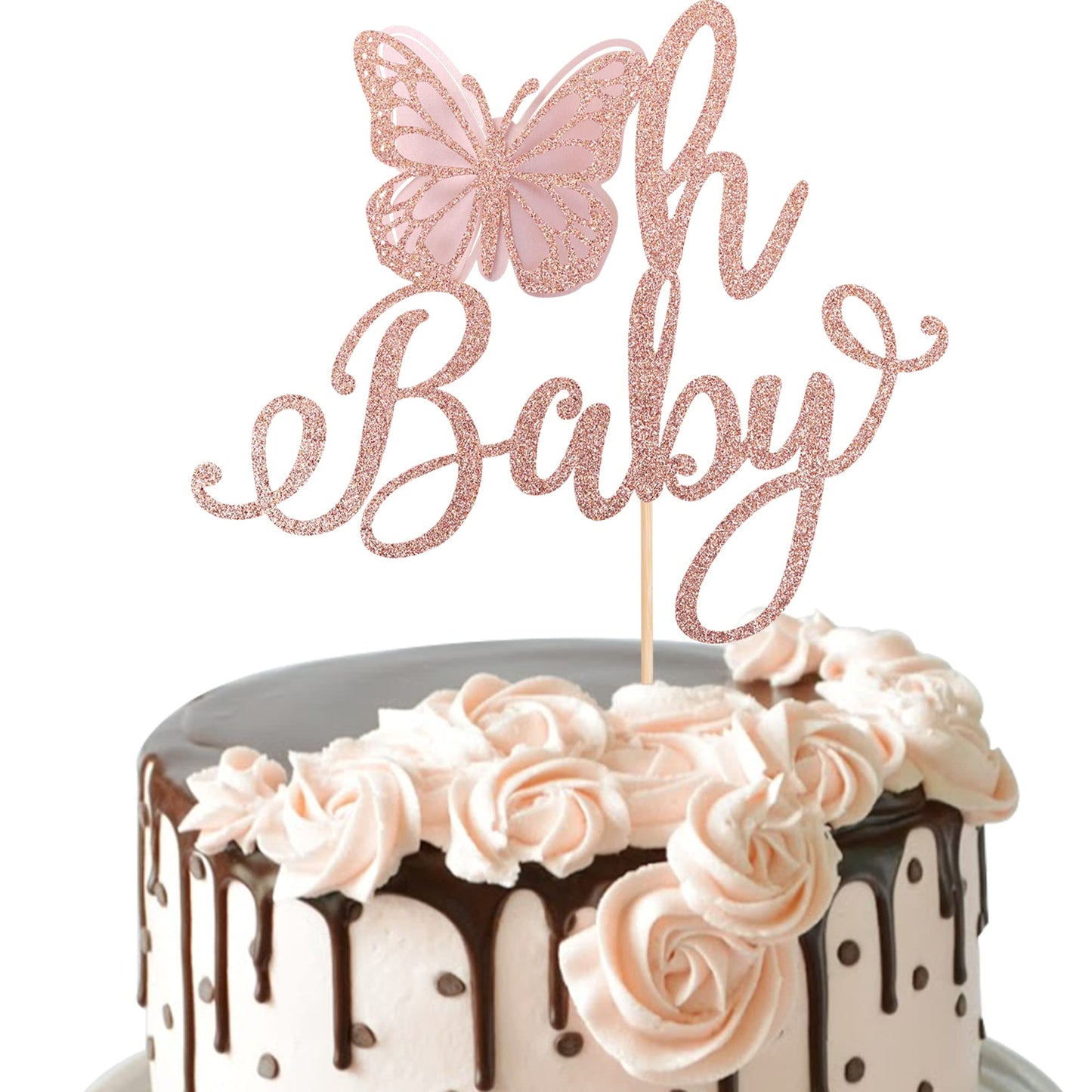 Rsstarxi 1 Pack Butterfly Oh Baby Cake Topper Rose Gold Glitter Baby Shower Butterfly Cake Pick Decorations For Gender Reveal Baby Shower Kids Girls Birthday Party Supplies