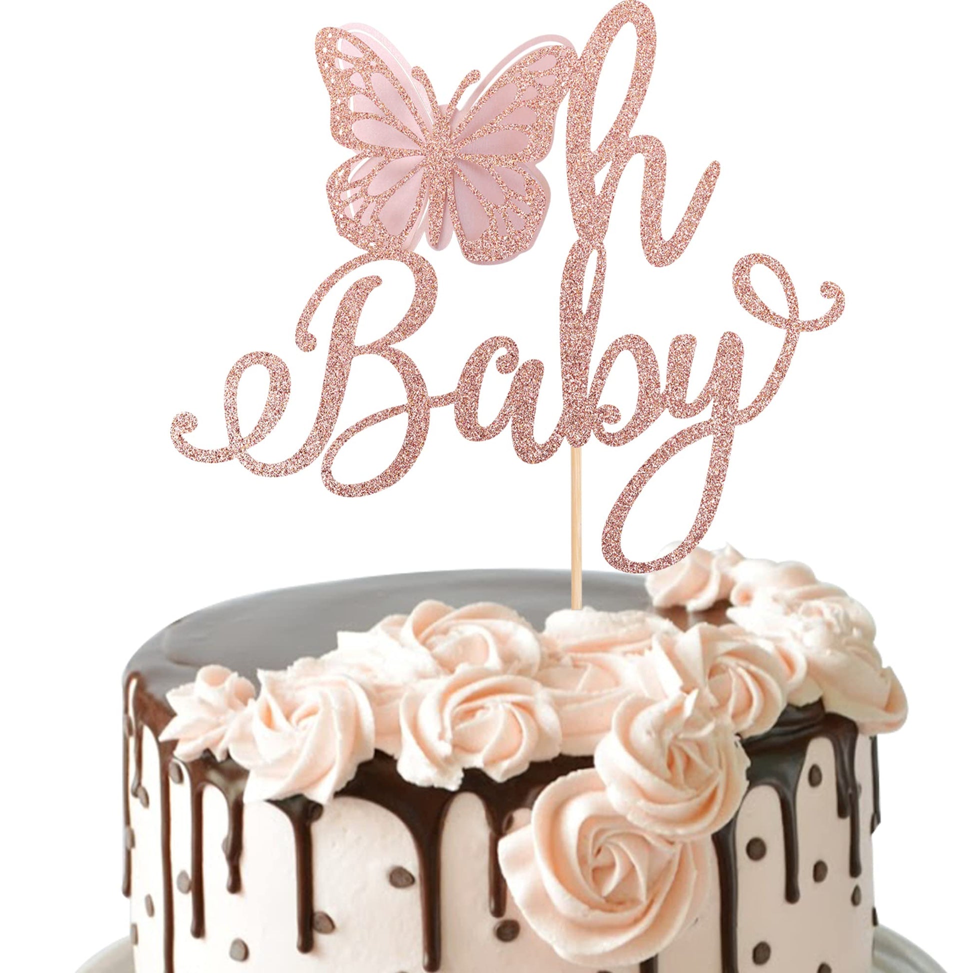 Rsstarxi 1 Pack Butterfly Oh Baby Cake Topper Rose Gold Glitter Baby Shower Butterfly Cake Pick Decorations For Gender Reveal Baby Shower Kids Girls Birthday Party Supplies