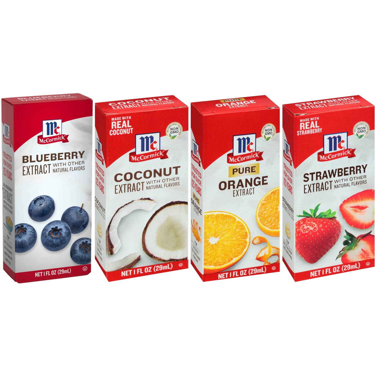McCormick Fruity Extract Variety Pack, Includes Orange, Strawberry, Blueberry, and Coconut Flavors, For Baking, Mocktails, and M