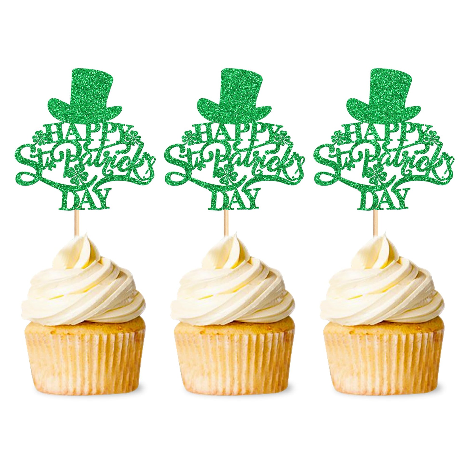 Ercadio 24 Pack Happy St Patrick's Day Cupcake Toppers Happy St Patrick's Day Cupcake Picks with Four Leaf for st.Patricks Day B