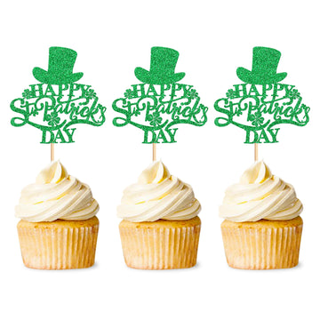 Ercadio 24 Pack Happy St Patrick's Day Cupcake Toppers Happy St Patrick's Day Cupcake Picks with Four Leaf for st.Patricks Day B