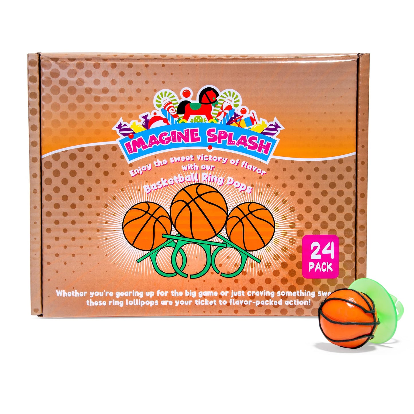 Imagine Splash Basketball Ring Pops - 24-Count Orange Flavored Wearable Candy - Individually Wrapped Party Favors - 18.2 cm