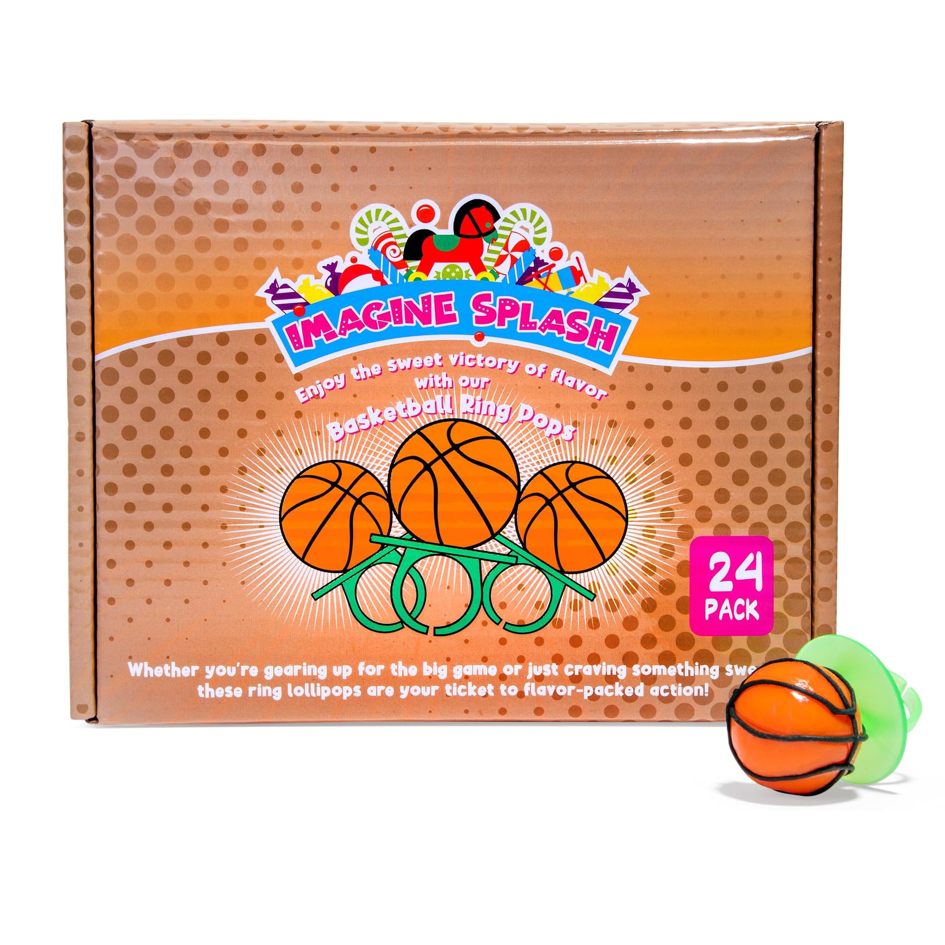 Imagine Splash Basketball Ring Pops - 24-Count Orange Flavored Wearable Candy - Individually Wrapped Party Favors - 18.2 cm