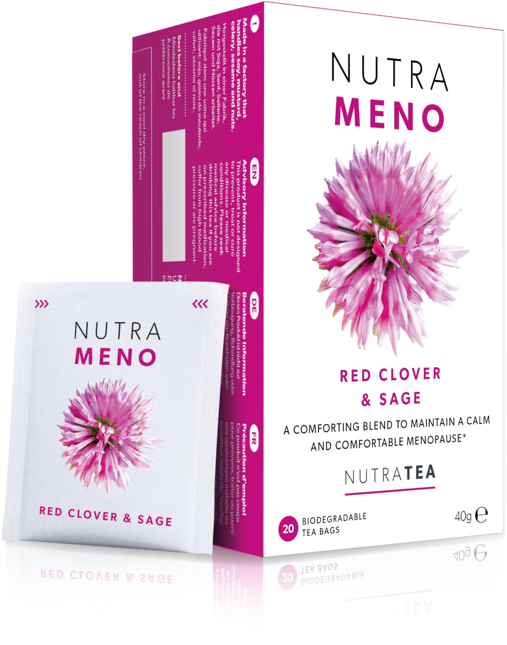 Nutra Tea Nutrameno - Menopause Tea  Red Clover Tea - Perimenopause & Menopause Relief For Women - Includes Red Clover  Sage & Rose - 20 Individually Wrapped Bags - Herbal Infusion (1 Pack)