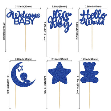 Gyufise 24Pcs Baby Shower Boy Cupcake Toppers With Moon Star Bear Light Blue Glitter It'S A Boy Welcome Baby Hello World Baby Bo