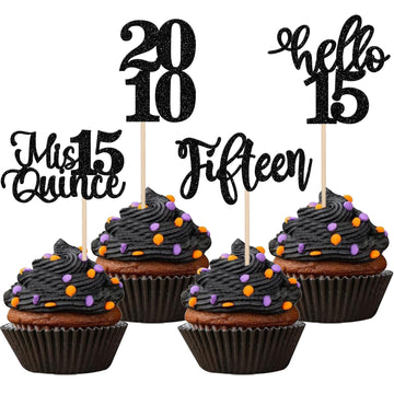 24 Pcs Black 15Th Birthday Cupcake Toppers Glitter Hello 15 Cupcake Topper Mis Quince Fifteen Since 2008 Cupcake Picks For Happy