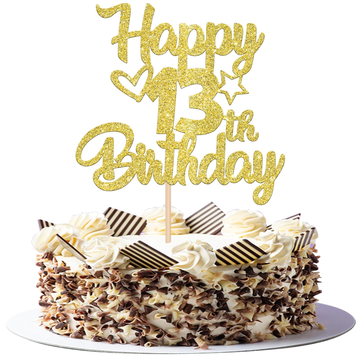 YCTHUNFISH 13th Birthday Cake Topper Glitter Heart Star Gold Bamboo Decoration