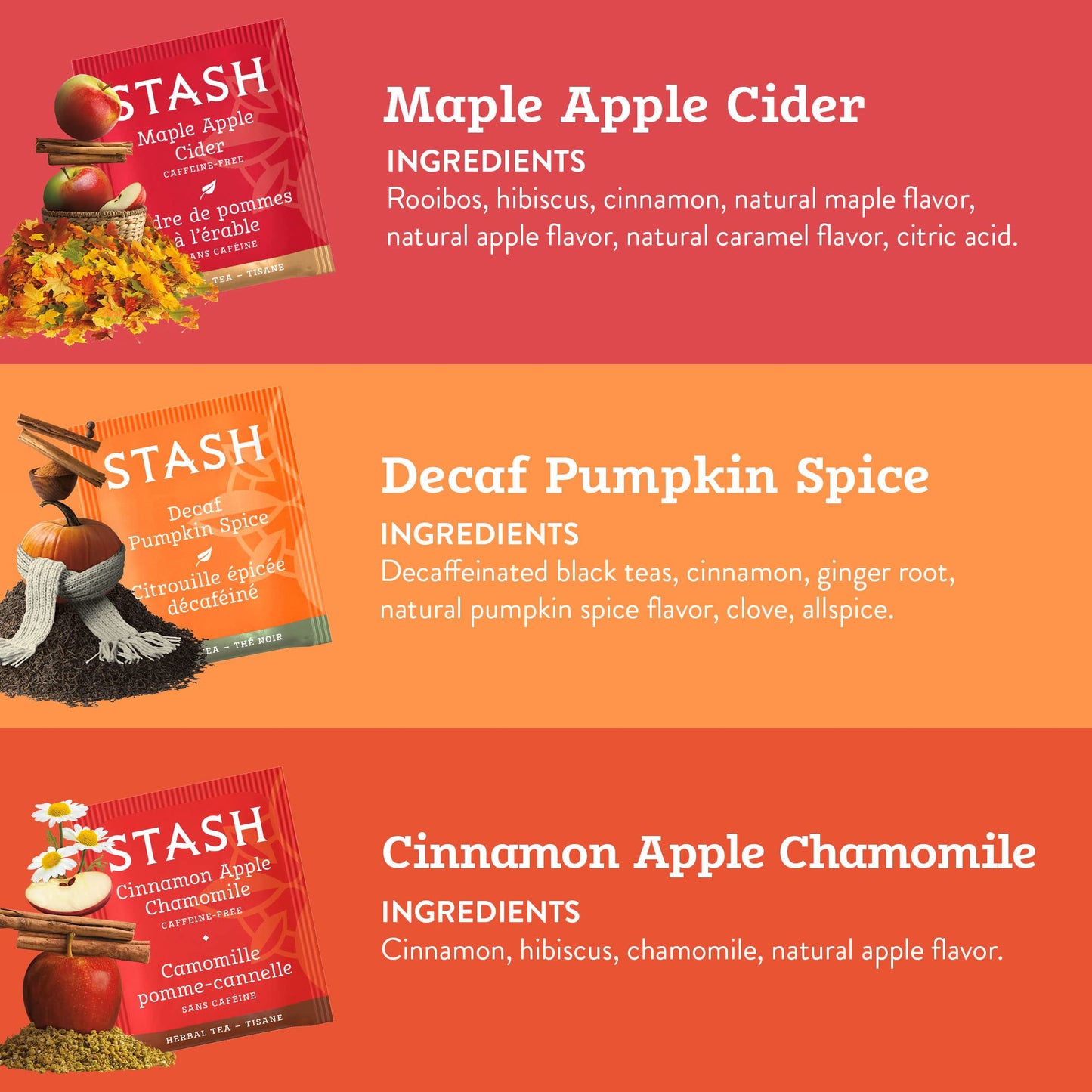 Stash Tea Fall for Autumn Sampler - 6 Boxes, 20 Tea Bags Each, Total 120 Bags, Model 77821, Autumn Flavor