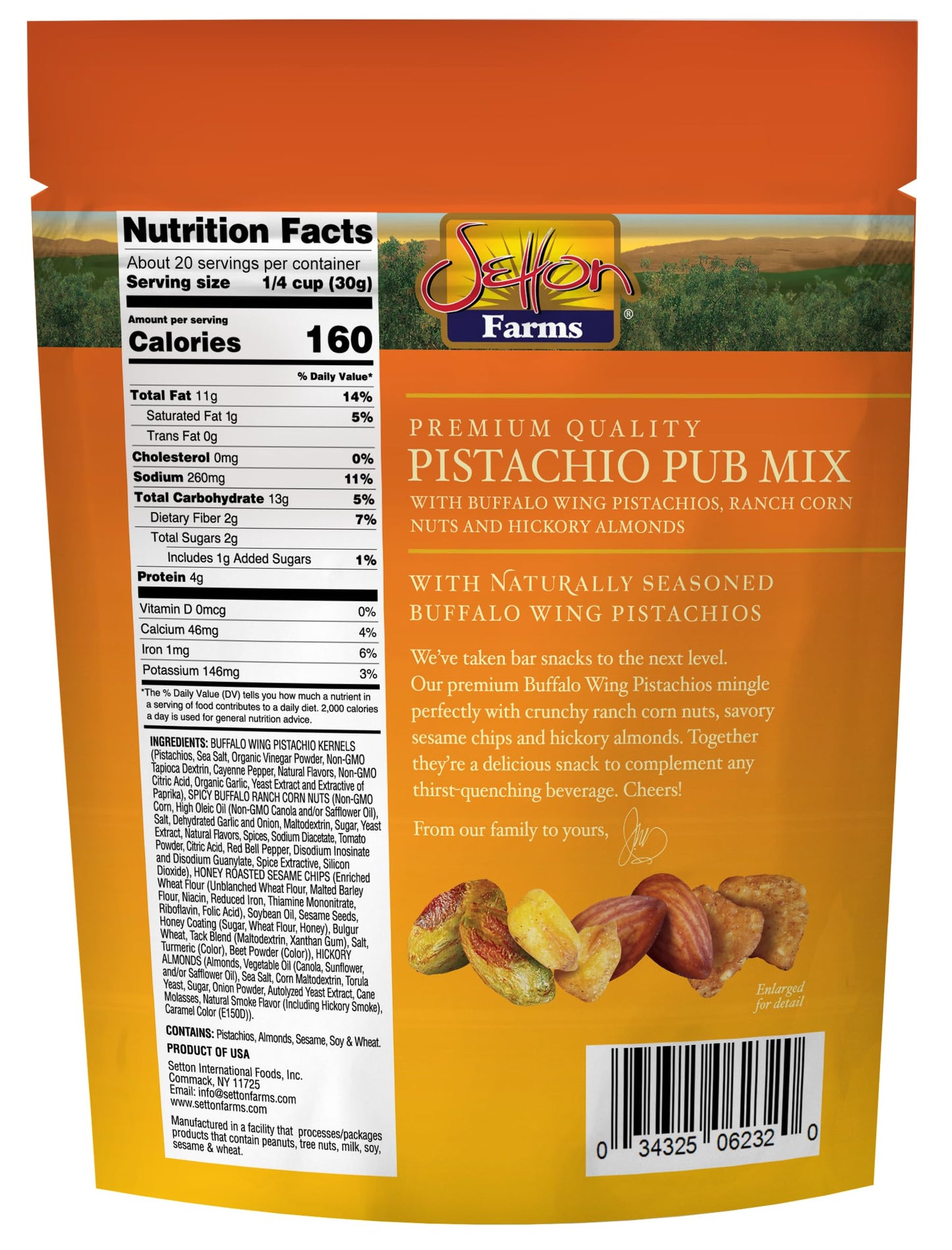 Setton Farms Pistachio Pub Mix 20 Oz. Value Bag. With Buffalo Wing Pistachios, Ranch Corn Nuts, Honey Roasted Sesame Chips And H
