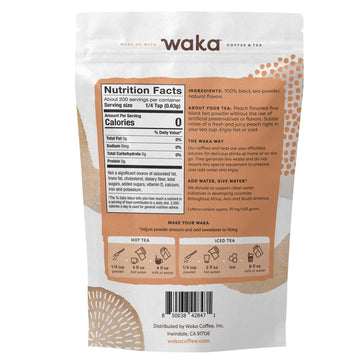 Waka Instant Black Tea Mix, Peach Flavored - 100% Tea Leaves, No Additives, Unsweetened Tea Powder In Bulk Pouch - Easy Quick Ho