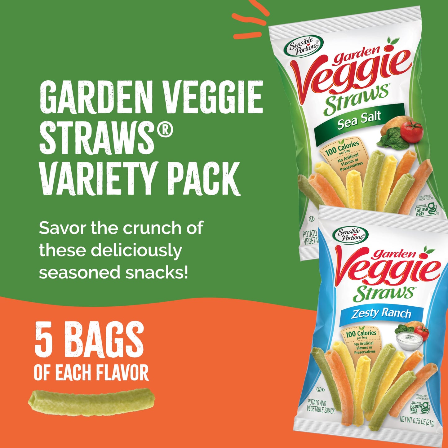 Sensible Portions Garden Veggie Straws, Sea Salt & Ranch Multipack, 75 Oz Bag, 10 Count