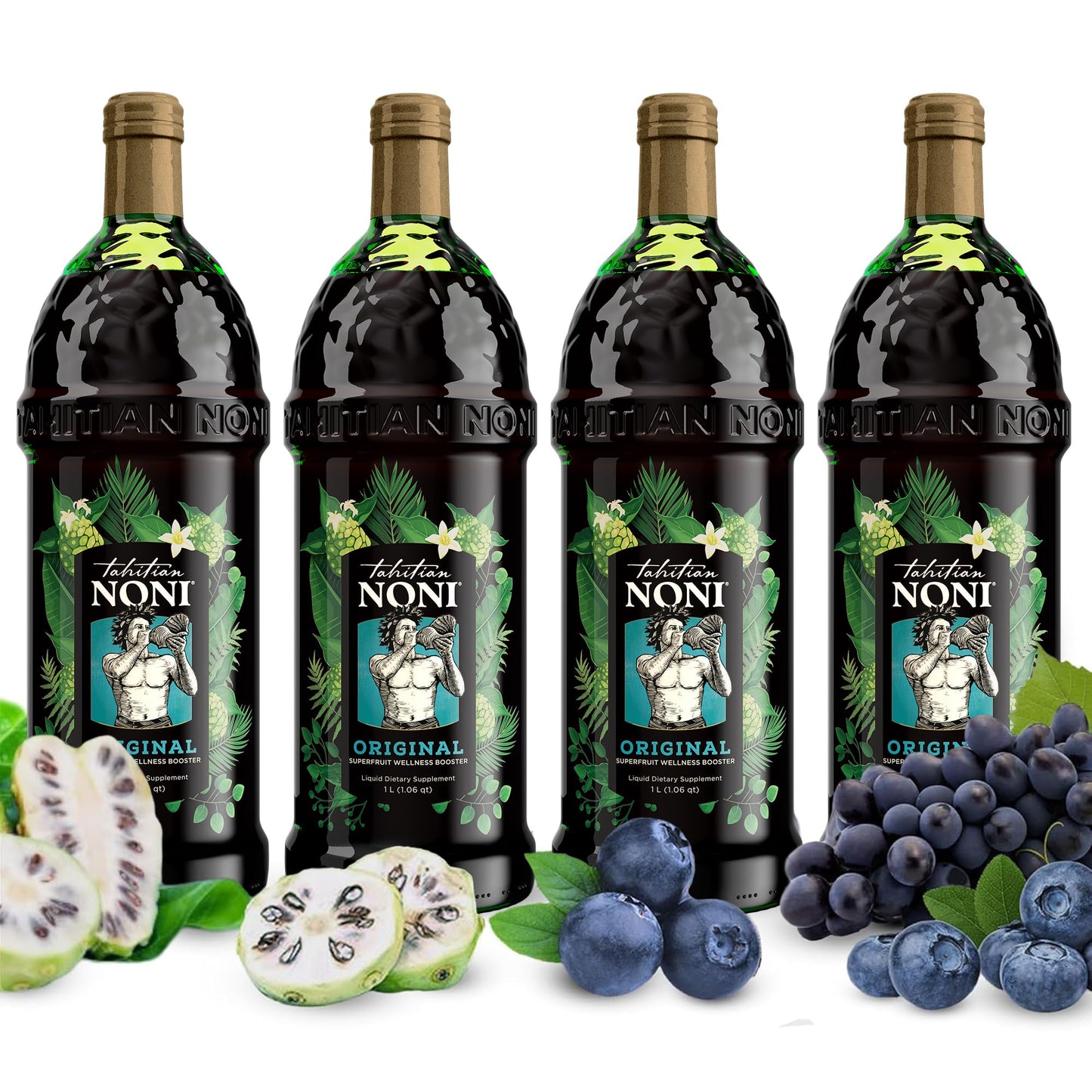 Tahitian Noni Juice - Original Bioactive Beverage, 33.8 Fl Oz (Pack of 4), All-Natural Daily Wellness Drink with Blueberry & Grape