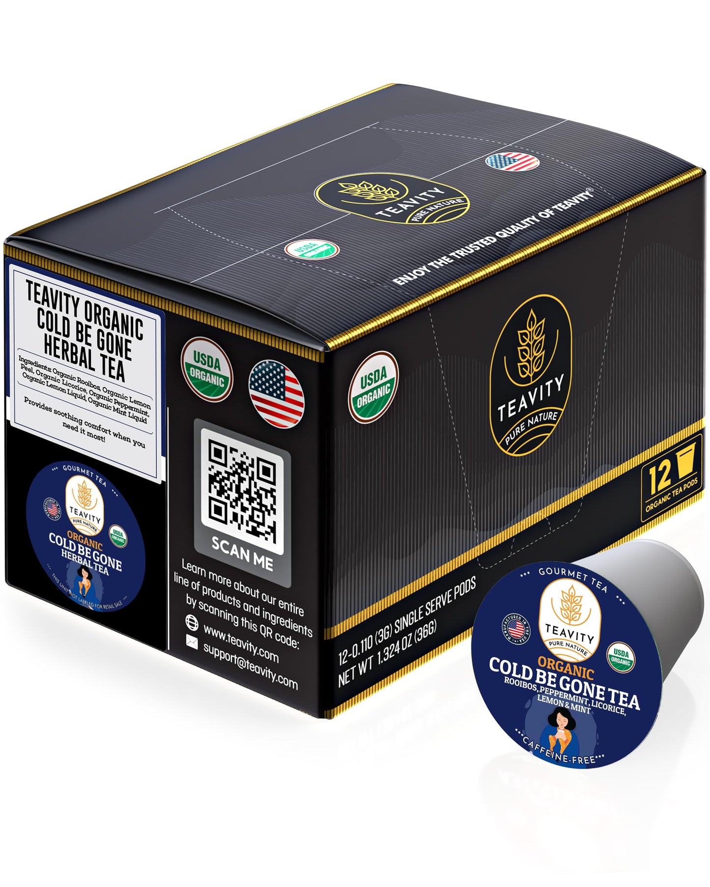 Teavity Organic Rooibos Tea Pods - Unsweetened Decaf with Lemon, Mint, Licorice - 12 Count for Keurig