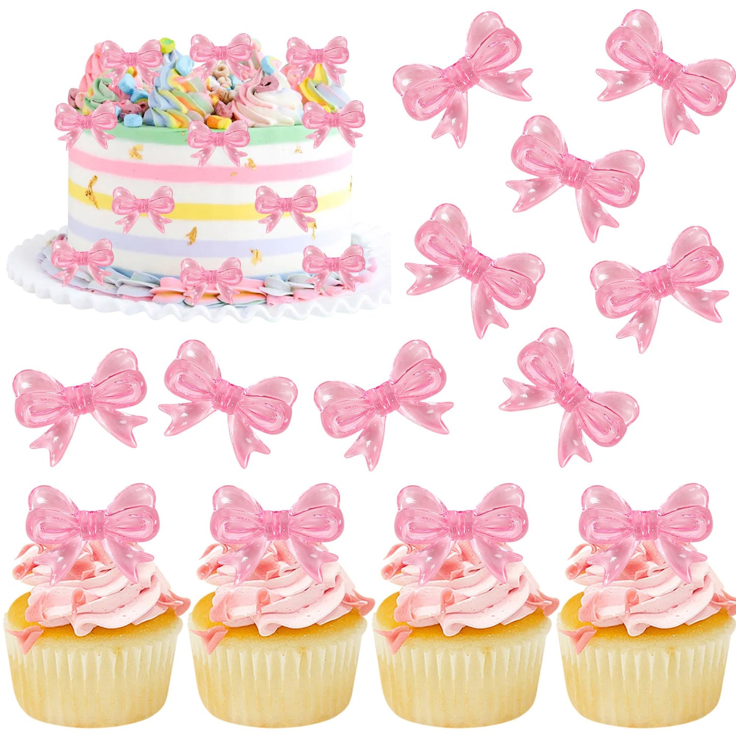 YCTHUNFISH 30 Pack Pink Bow Cupcake Toppers Paper Bowknot Decorations for Birthday Party, Wedding, Bridal Shower