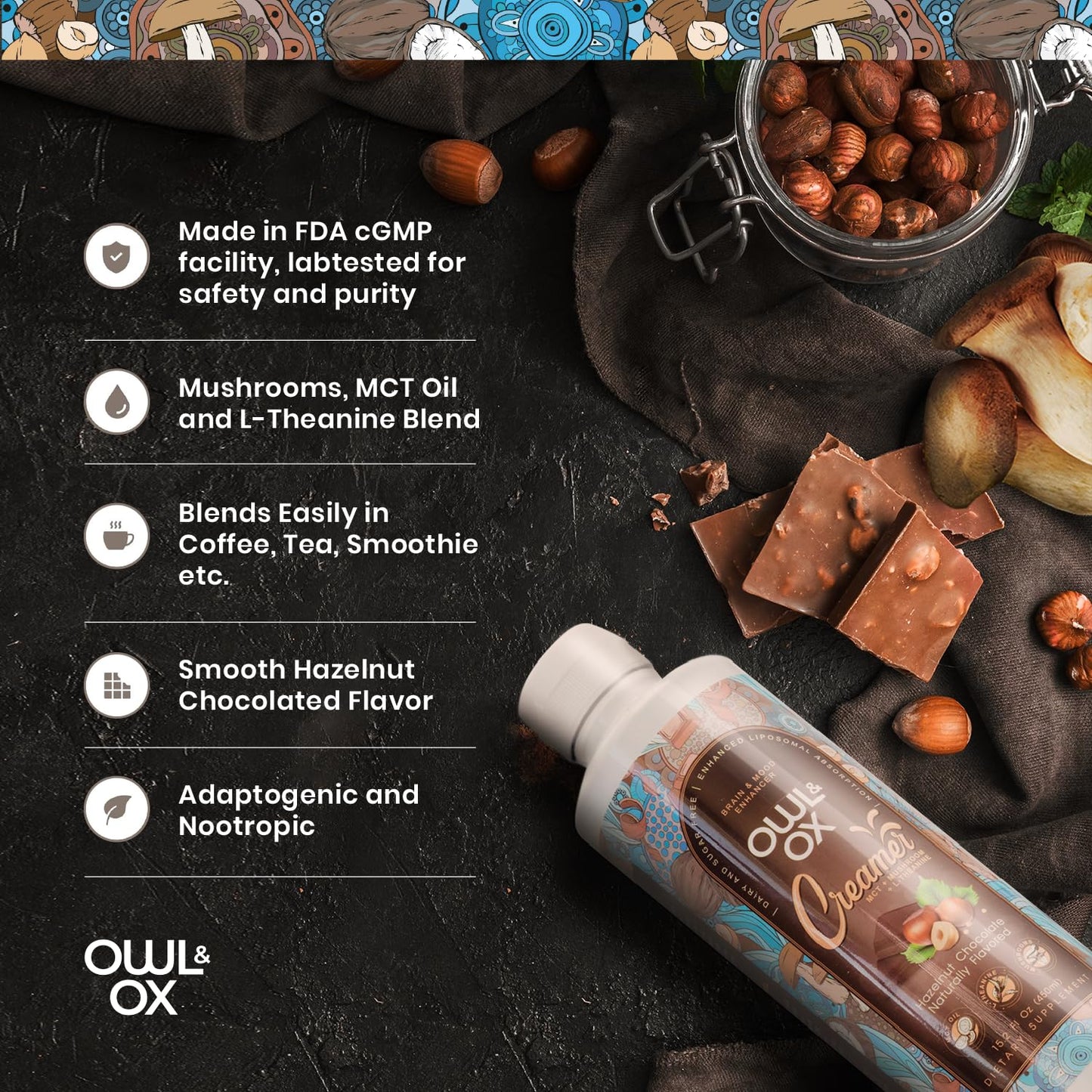 Mushroom Coffee Creamer With Mct Oil By Owl & Ox | L Theanine, Nootropic Superfood Blend, Vegan, Sugar Free, Dairy Free, Adaptog