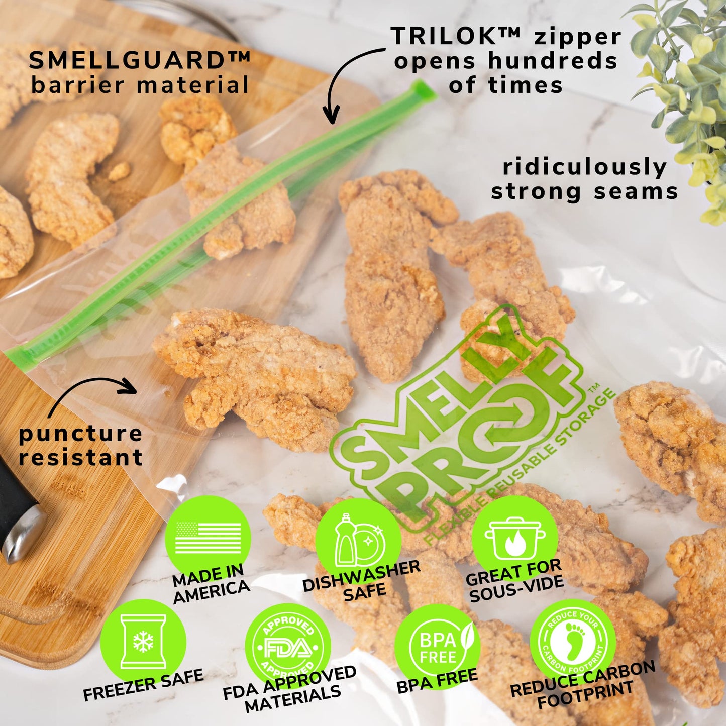 Reusable Freezer Bags For Food Storage By Smelly Proof - Made In Usa, Easy Clean, Dishwasher-Safe, Peva & Bpa Free, Xxl 3-Mil Th