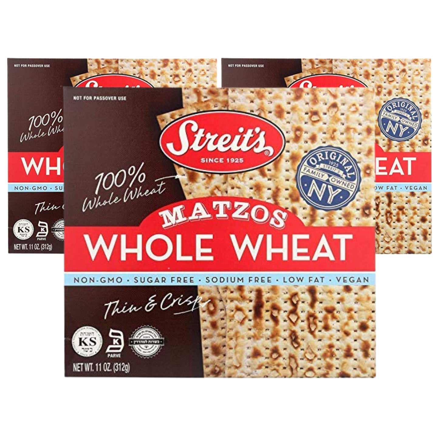 Streits Whole Wheat Matzo - Thin & Crispy, Non-GMO, Sodium Free, Low Fat, Vegan, Family Owned, Kosher Certified (11oz, Pack of 