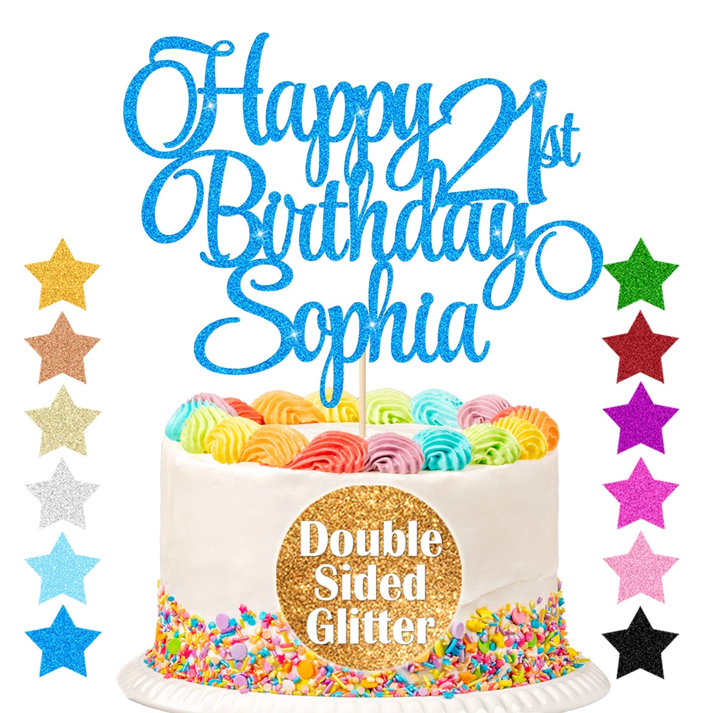 EDSG Happy Birthday Cake Topper - Personalized Double-Sided Glitter Decoration, Any Age & Name, Blue