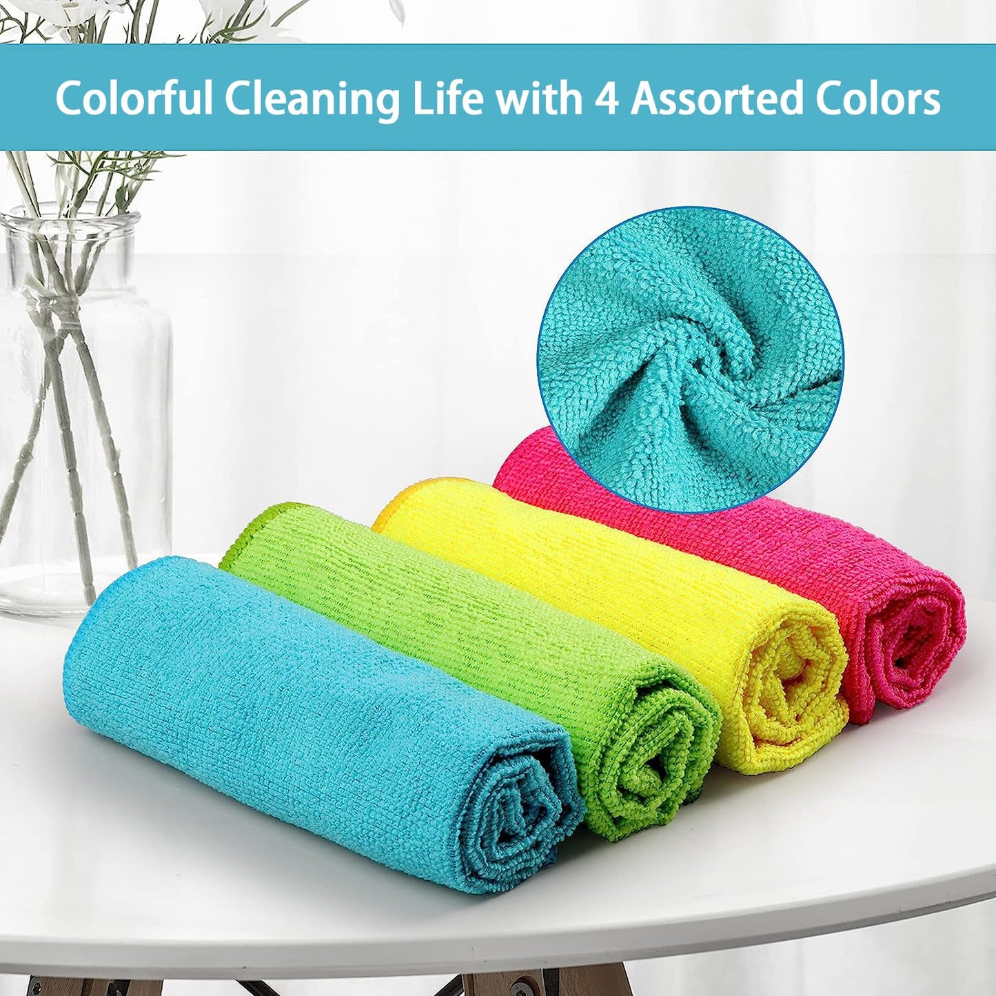 Homexcel Microfiber Cleaning Cloth,8 Pack Cleaning Rag,Cleaning Towels With 4 Color Assorted,11.5''X11.5''(Green/Blue/Yellow/Pin