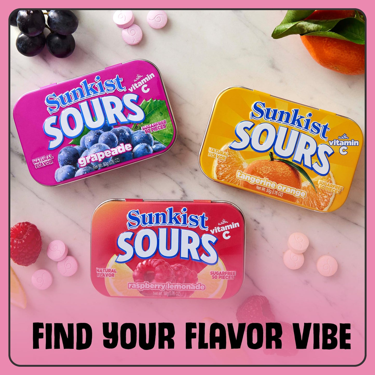 Sunkist Sours Grapeade, Vitamin C, Sugar Free Sour Candy, 1.76 Ounce Tin - 6 Count Tray