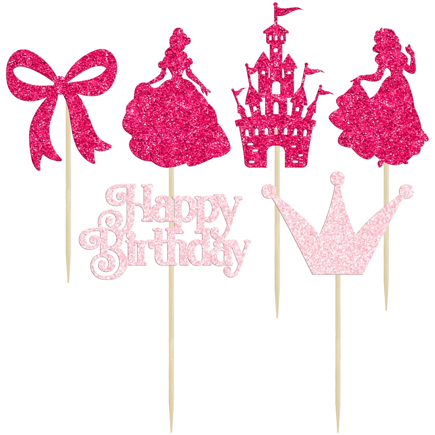 Gyufise 24Pcs Princess Cupcake Toppers Glitter Castle Bowknot Happy Birthday Cake Topper Decorations For Princess Happy Birthday