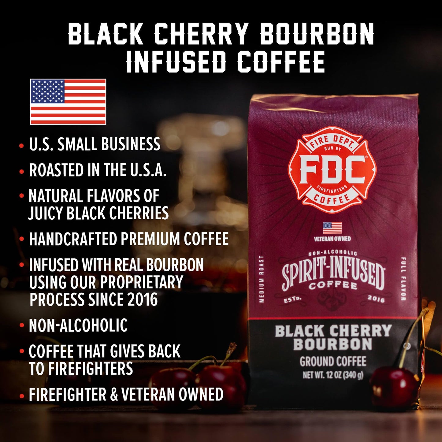 Fire Department Coffee Black Cherry spirit-inspired flavor Coffee Whole Bean 12 oz Veteran Owned Non-  ic Roasted in the USA