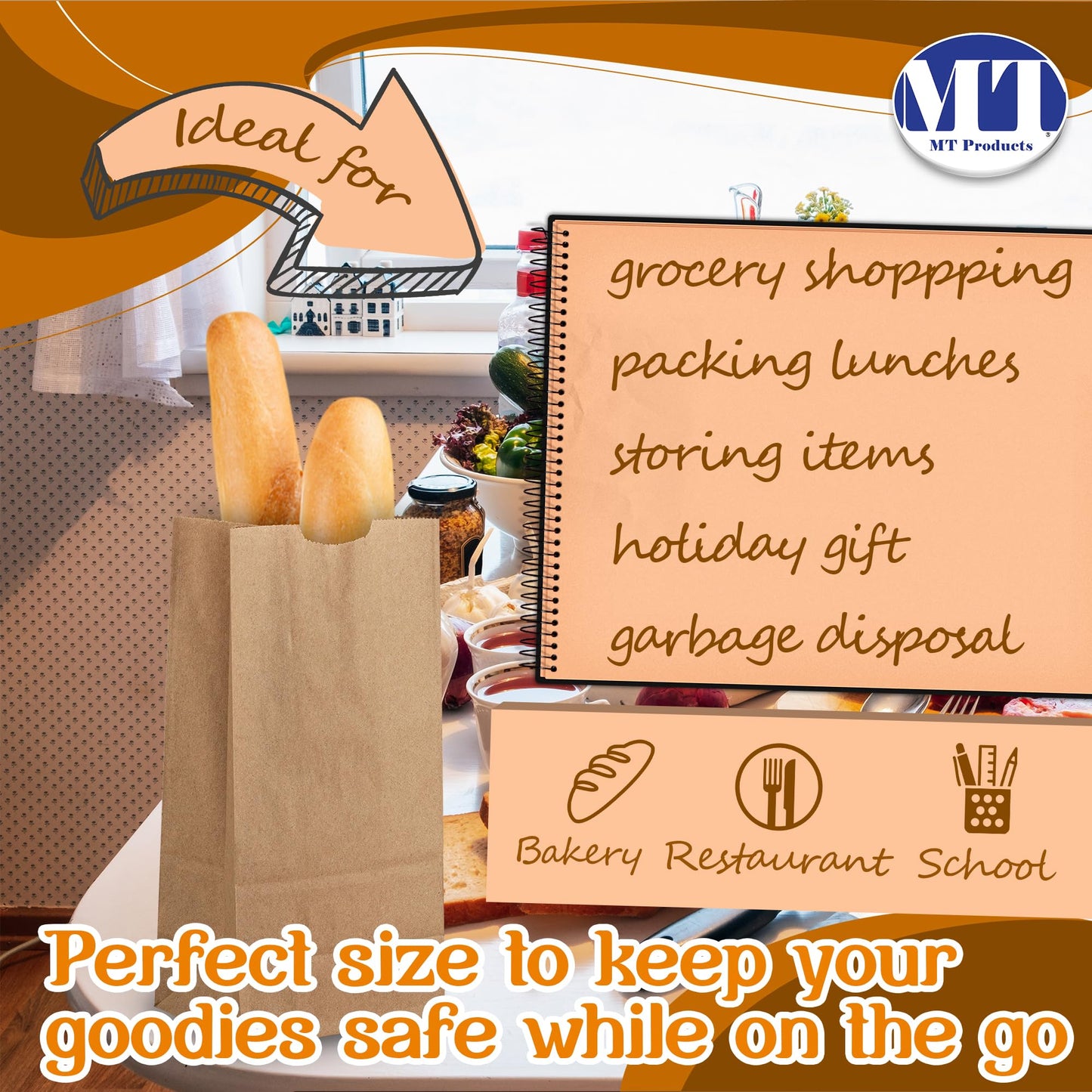 Mt Product Brown Paper Bags - 8 Lbs. Capacity, Multipurpose Grocery Bags - Disposable Paper Lunch Bags Perfect For Shopping, Sto