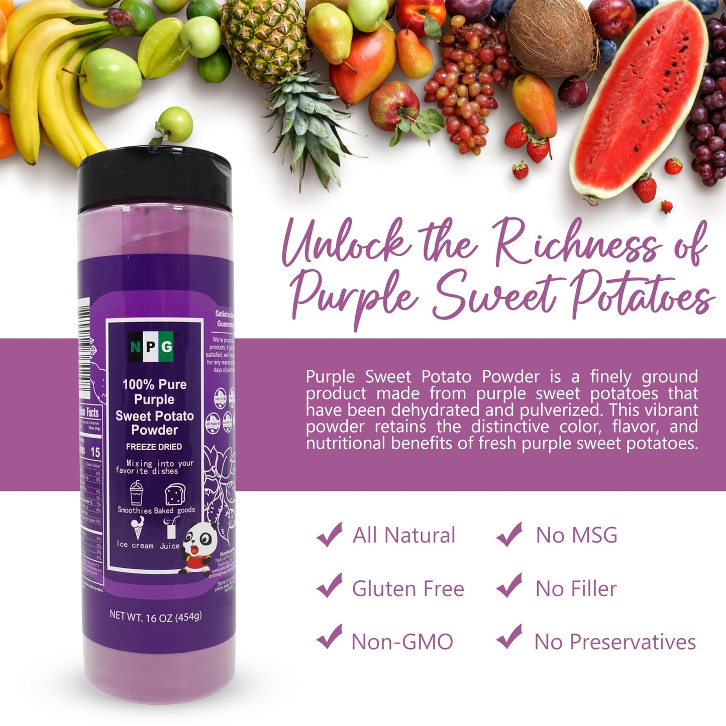 100% Pure Purple Sweet Potato Powder(Purple Yam Ube) 16 Ounces, All Natural Purple Dry Food Coloring Powder For Baking, Smoothies, Pasta, Tortillas, Vegan Gluten Free Non-Gmo No Added Sugar