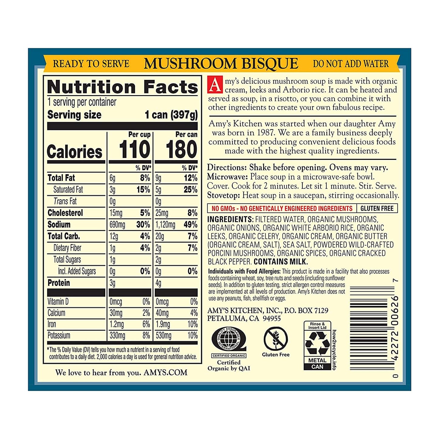 Amys Soup Mushroom Bisque with Porcini, Gluten Free, 14 oz, Pack of 1