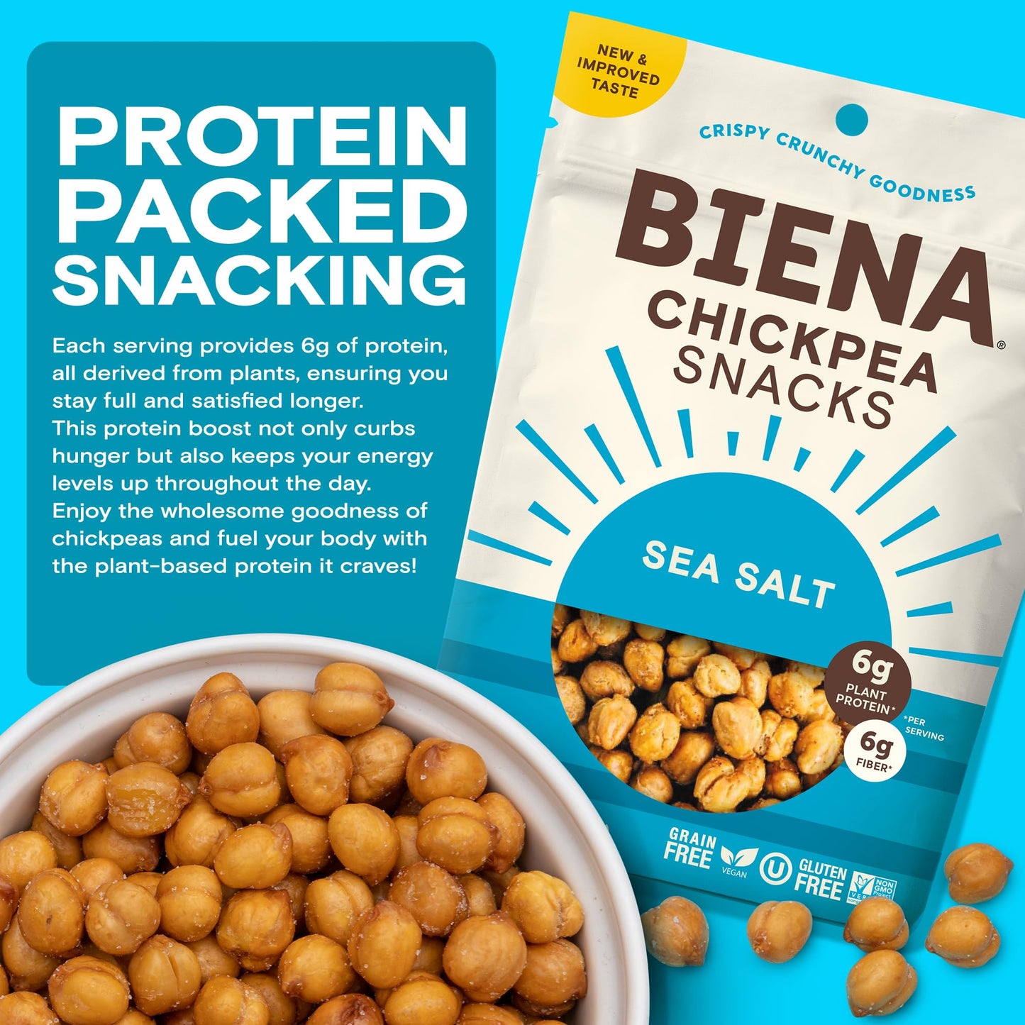 BIENA Chickpea Snacks - Crunchy Roasted Chickpeas - High Fiber Vegan Protein - 8-Pack, 5 Ounce Bags, Sea Salt