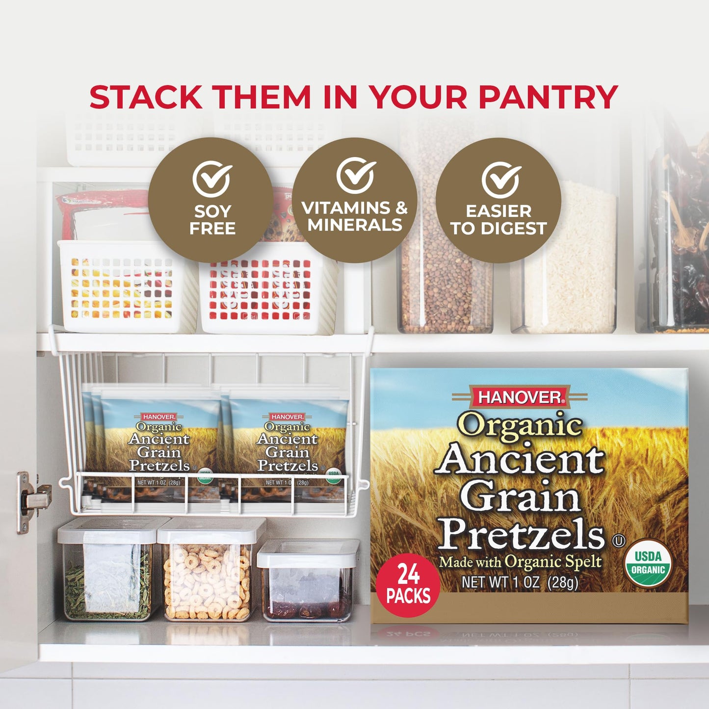 Hanover Organic Ancient Grain Spelt Pretzels, Low Fat, Kosher, Non-GMO, Sea Salt, Mini Packs, 1 Ounce, 24 Count