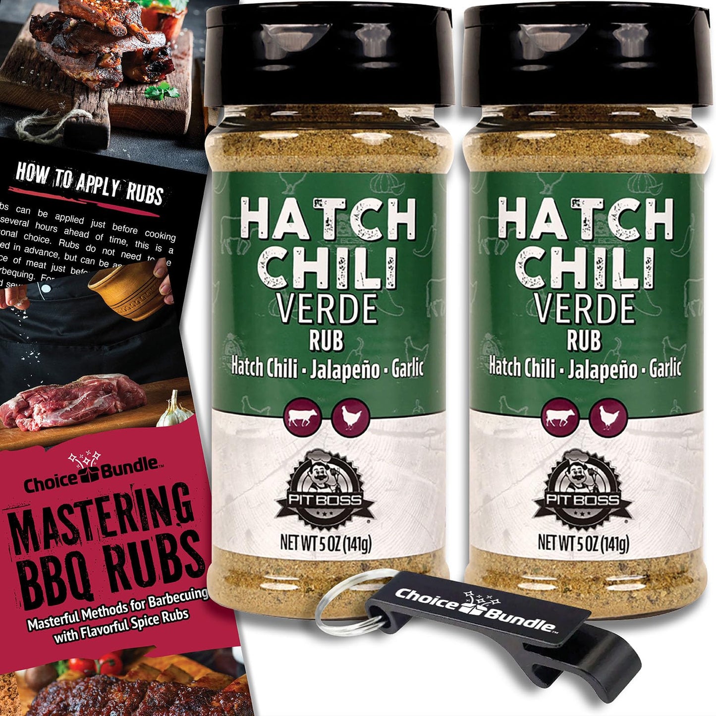 Pit Boss Hatch Chili Verde Barbecue Seasoning Spice & Rub, 10 oz (2 Pack) with Guide & Keychain Opener