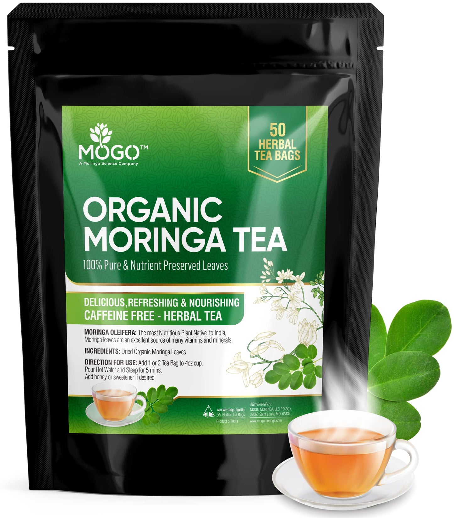 Mogo Organic Moringa Tea Bags - 50 Count,100% Pure,Caffeine Free,Rich Aroma And Taste, Enhanced Grade Moringa Tea Leaves, Antioxidants Rich Herbal Green Tea