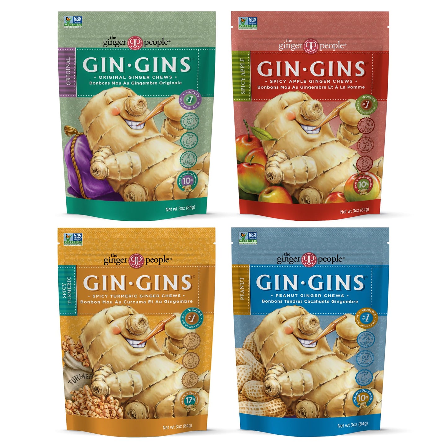 The Ginger People GIN GINS Ginger Chews – Variety Pack – 4 x 3oz bags – Original, Apple, Peanut, Turmeric Flavors
