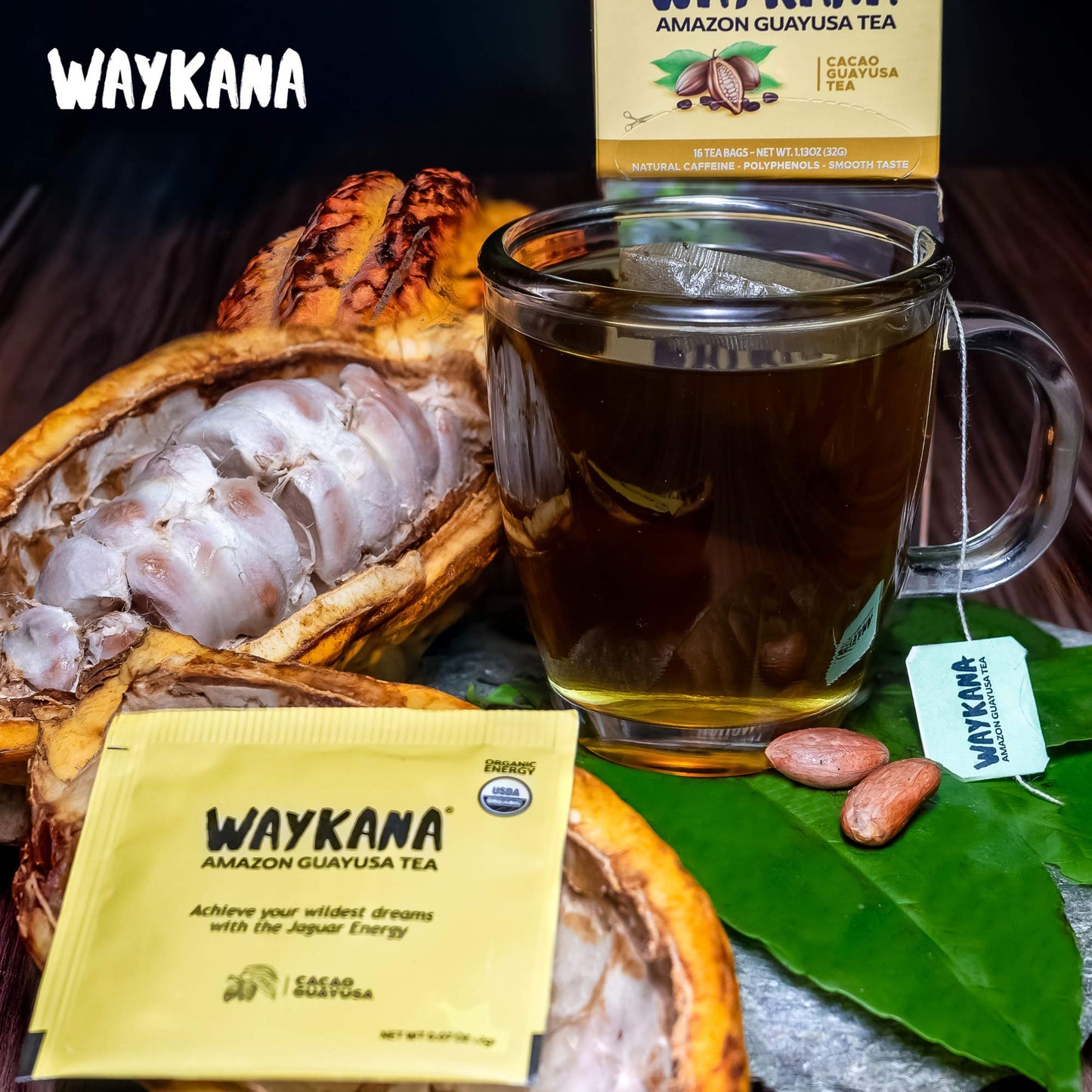 Organic Guayusa Cacao Tea Bags By Waykana, 96 Counts | Alternative To Yerba Mate, Coffee And Green Tea: Smooth Flavor No Bitter | Boost Performance, Energy & Mental Clarity