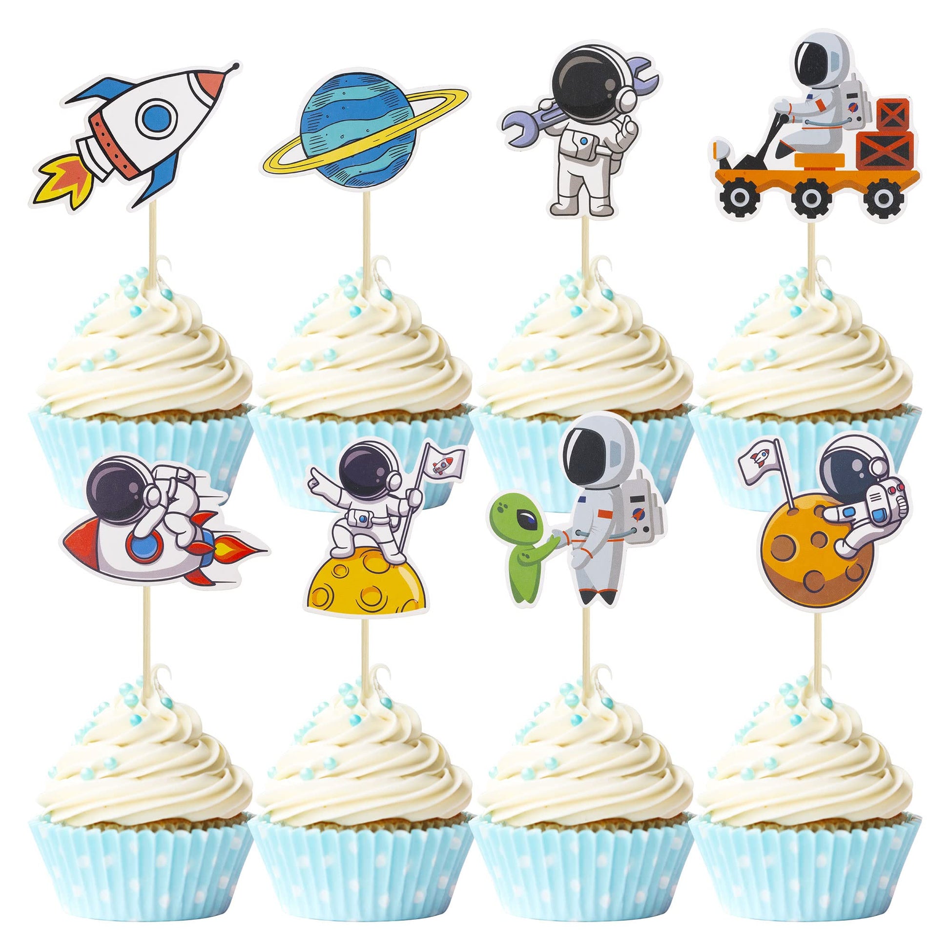 Gyufise 40Pcs Space Astronaut Cupcake Toppers Rocket Planet Trip To The Moon Cupcake Picks Decorations For Baby Shower Boys Girl