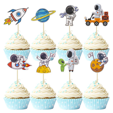 Gyufise 40Pcs Space Astronaut Cupcake Toppers Rocket Planet Trip To The Moon Cupcake Picks Decorations For Baby Shower Boys Girl