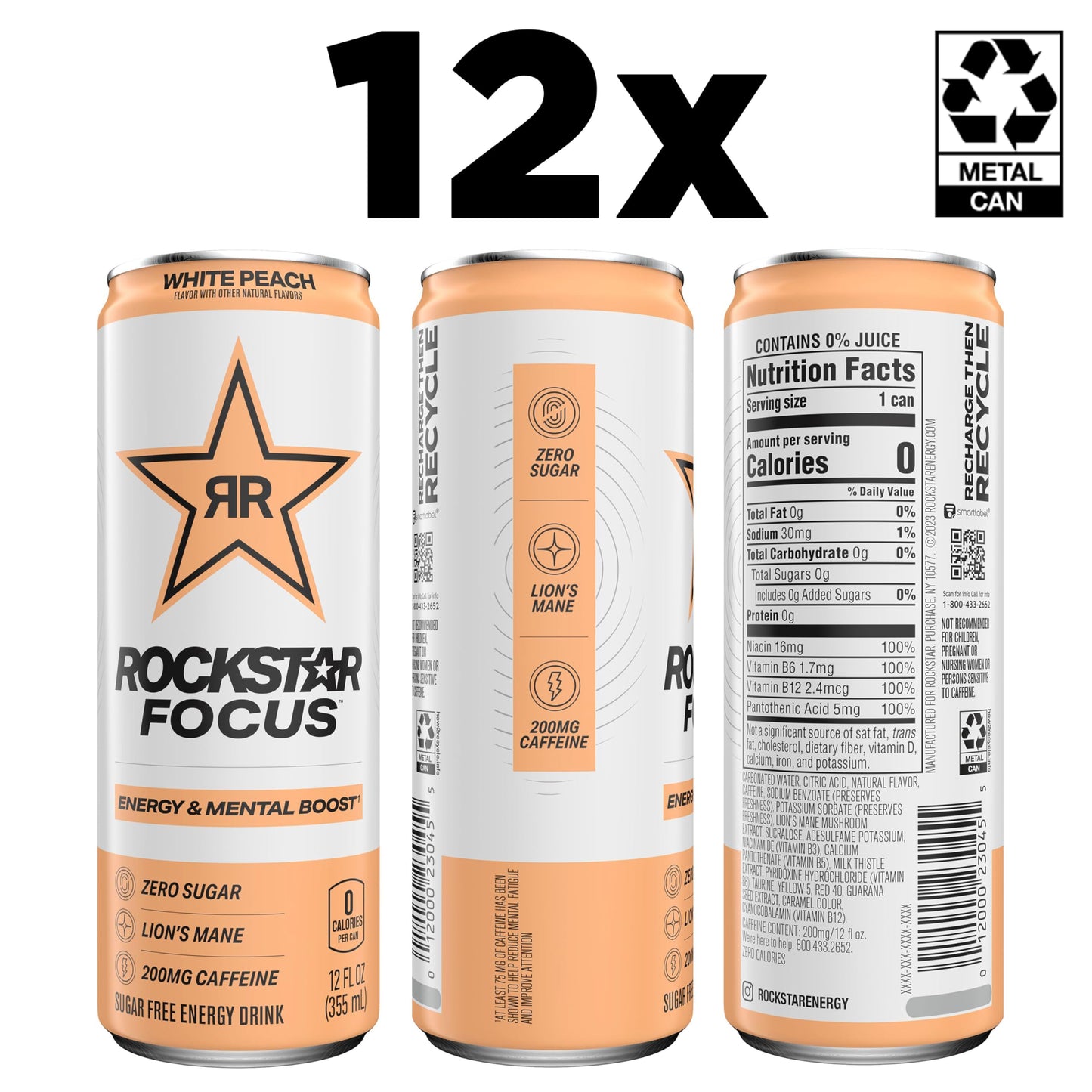 Rockstar Focus  White Peach  12 Fl Oz Cans (Pack of 12
