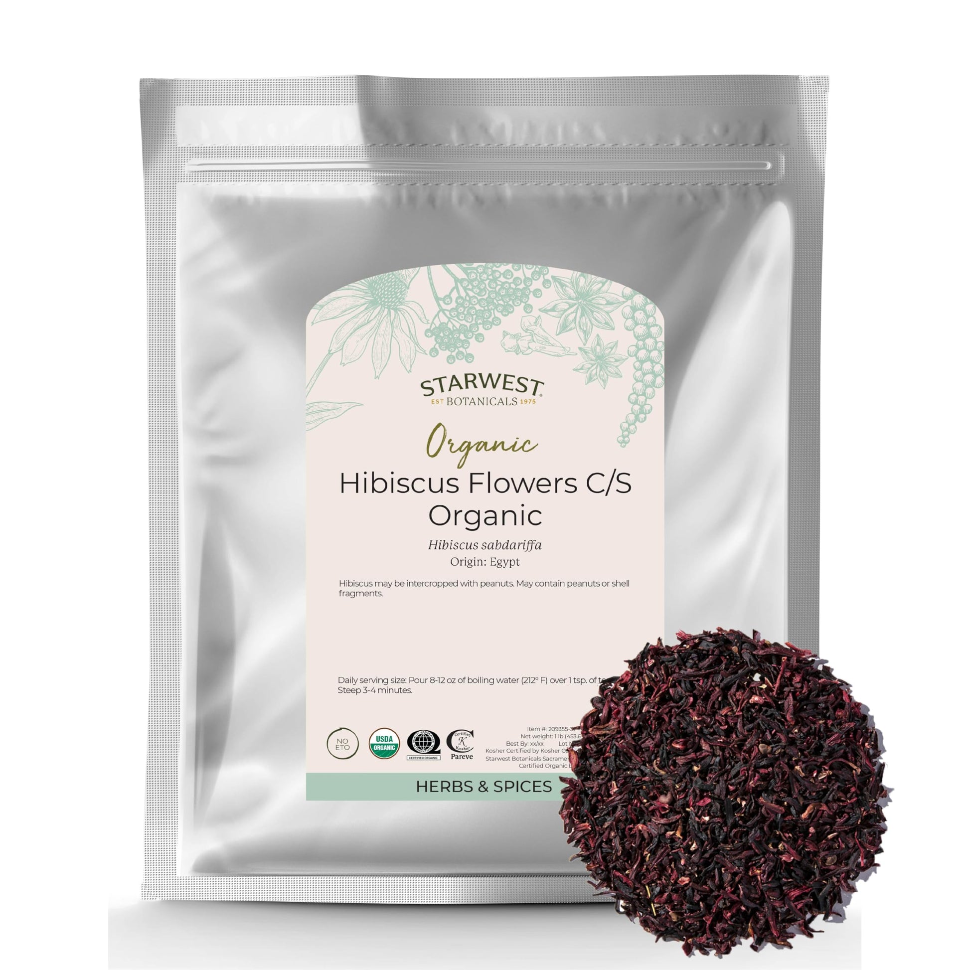Starwest Botanicals Organic Dried Hibiscus Flowers - Cut & Sifted, 1 lb Bag (Pack of 2), Non-GMO, Certified Kosher