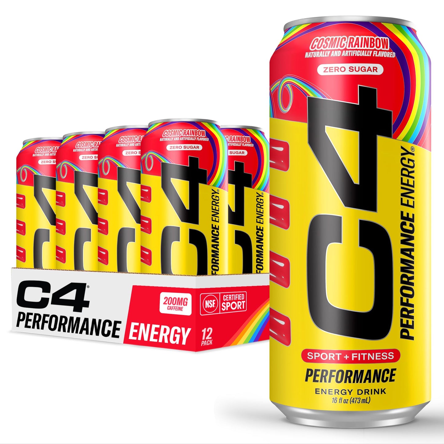 Cellucor C4 Performance Energy Drink | Cosmic Rainbow | Zero Sugar Carbonated Preworkout Energy | 200Mg Caffeine With Beta Alanine | 16 Fl Oz (12 Pack), Packaging May Vary