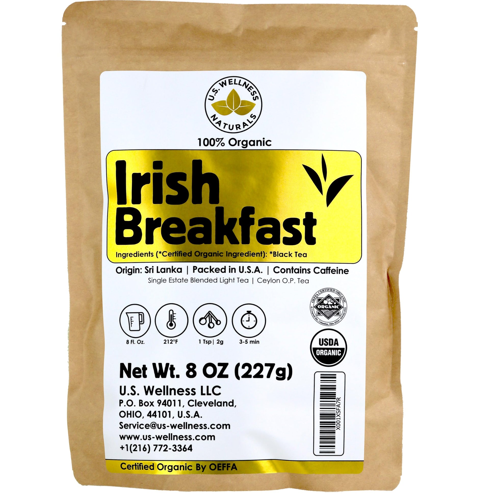 U.S. Wellness Naturals Irish Breakfast Tea, Organic Ceylon, Loose Leaf, 8oz, Smooth & Rich Flavor, 110+ Cups