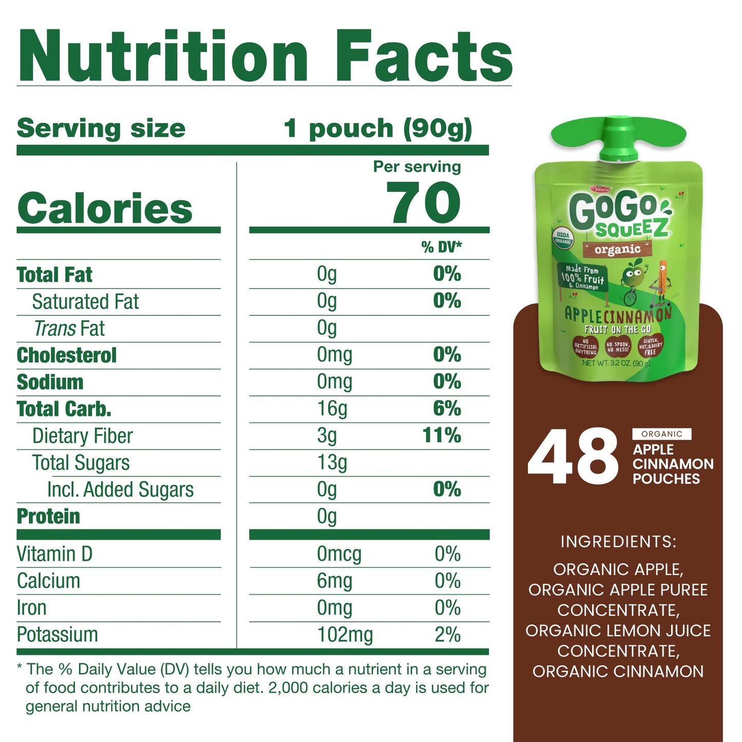 Gogo Squeez Fruit On The Go Organic, Apple Cinnamon, 3.2 Oz (Pack Of 48), Unsweetened Organic Fruit Snacks For Kids, Gluten Free