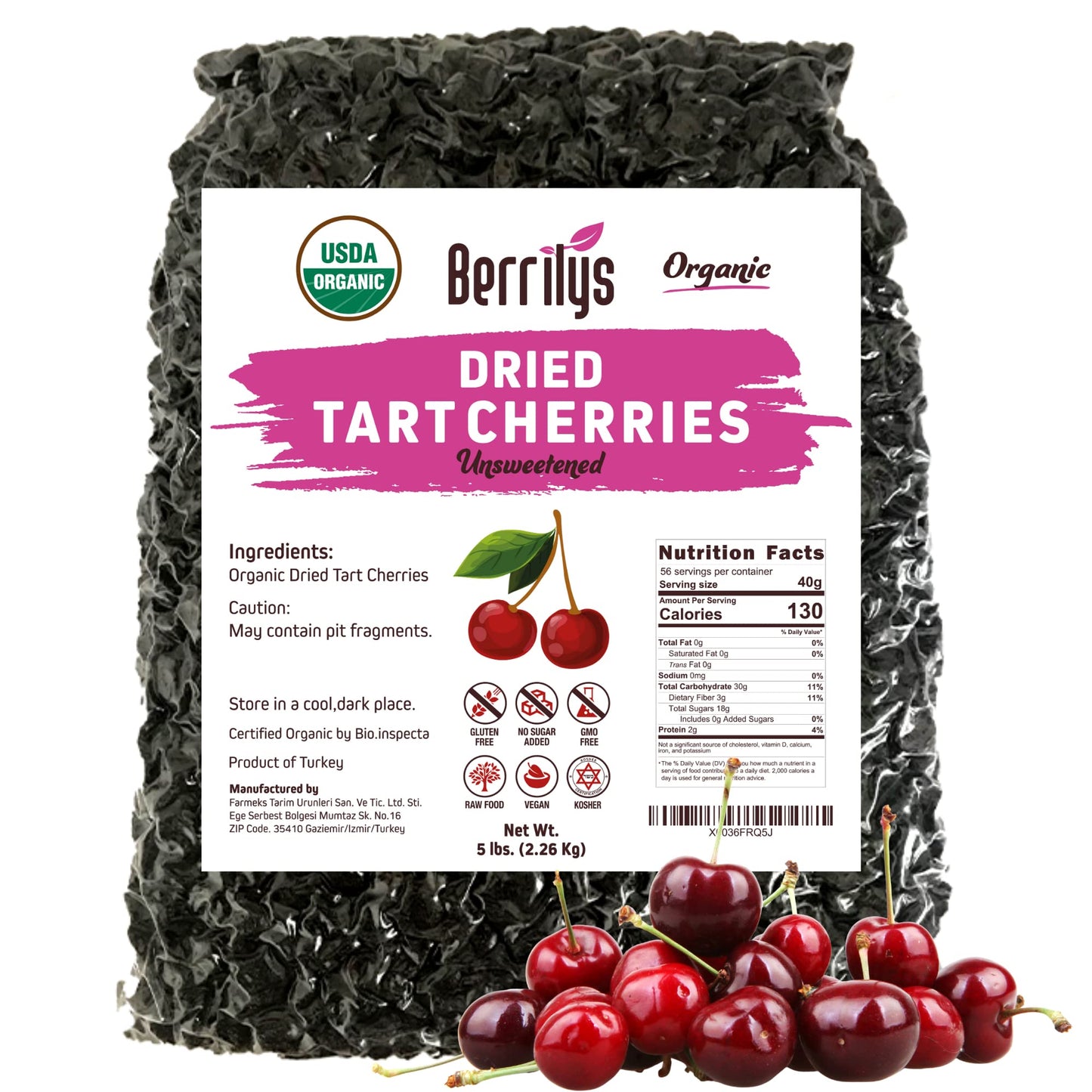 Berrilys Organic Unsweetened Dried Tart Cherries, 5 lb, Dark Red, Non-GMO, Vegan, Perfect for Baking and Snacking