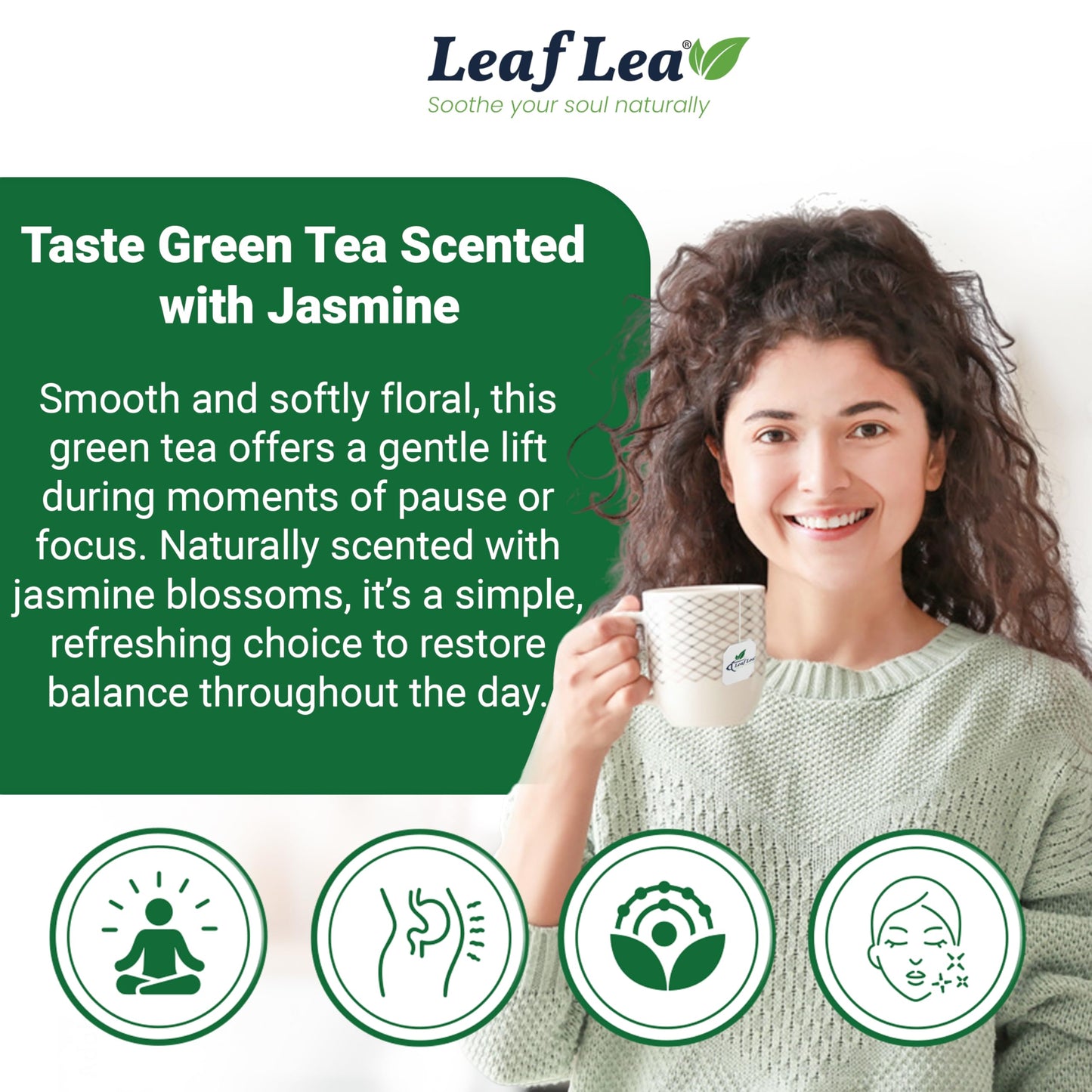 LeafLea 80 Jasmine Green Tea Bags, Green Tea with Natural Jasmine Aroma, Light Focus & Daily Balance, Delicate Floral and Smooth