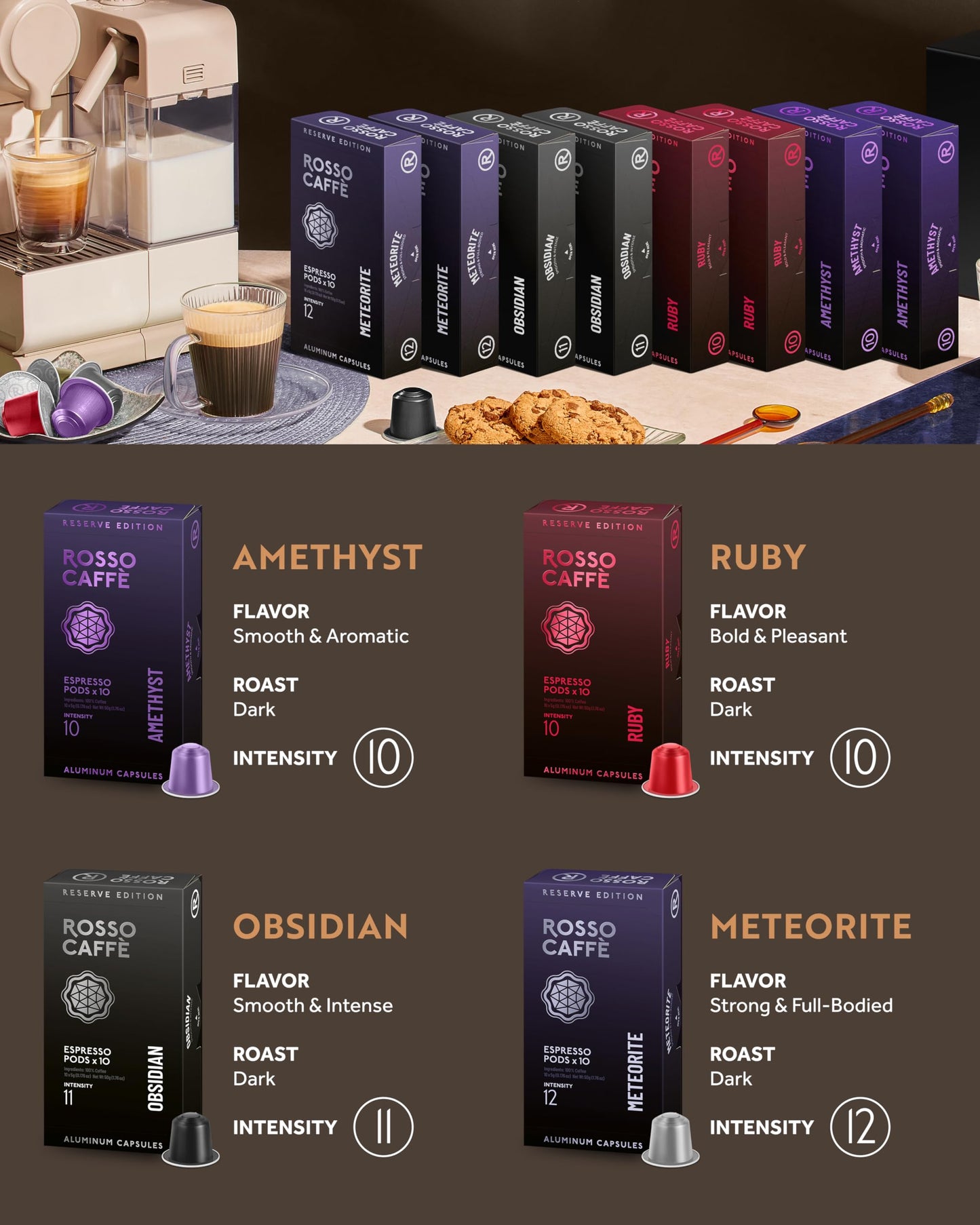 ROSSO CAFFÈ Espresso Coffee Pods for Nespresso - Dark Roast Intense, 80 compact pieces, 4 Strong Flavors, Made in Italy