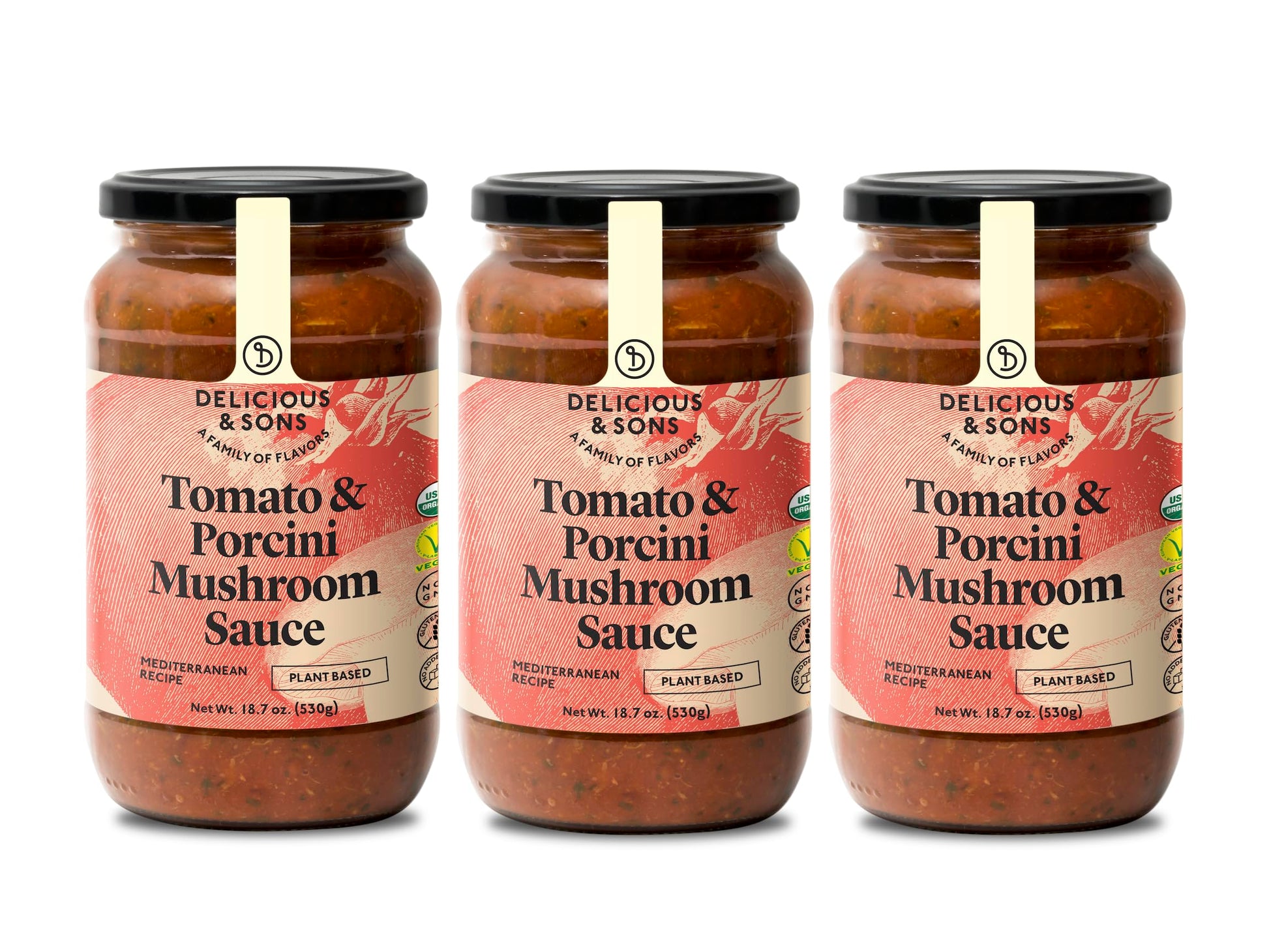 Delicious & Sons - Organic Italian Tomato & Porcini Mushroon Pasta Sauce 18.70 oz (Pack of 3)- Non-GMO - Gluten-free - Vegetaria