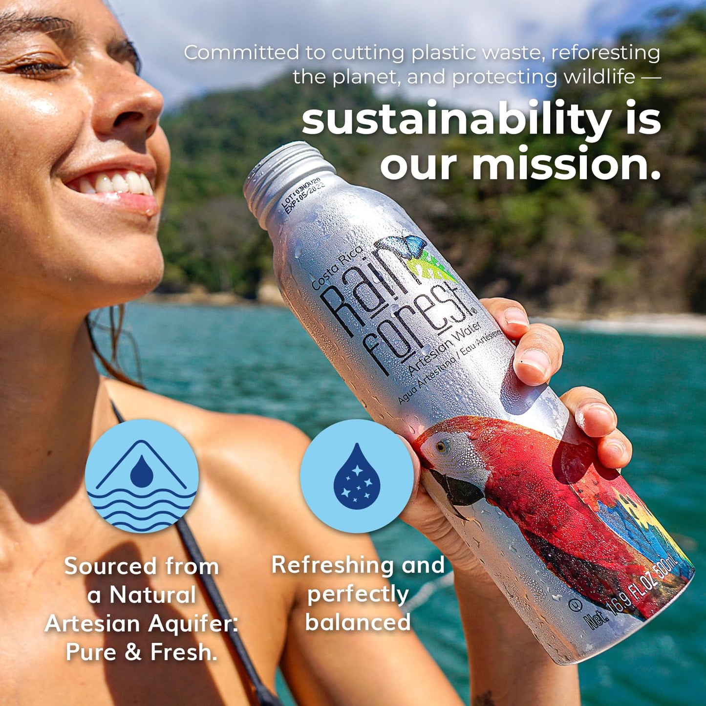 Rainforest Artesian Water  500mL Aluminum Bottles  Costa Rica enhanced Spring Water  Pallet of 88 Boxes - 1 056 Reusable Aluminum Bottles (500 ml / 16.9 oz Each) | Eco-Friendly & Sustainable Packaging