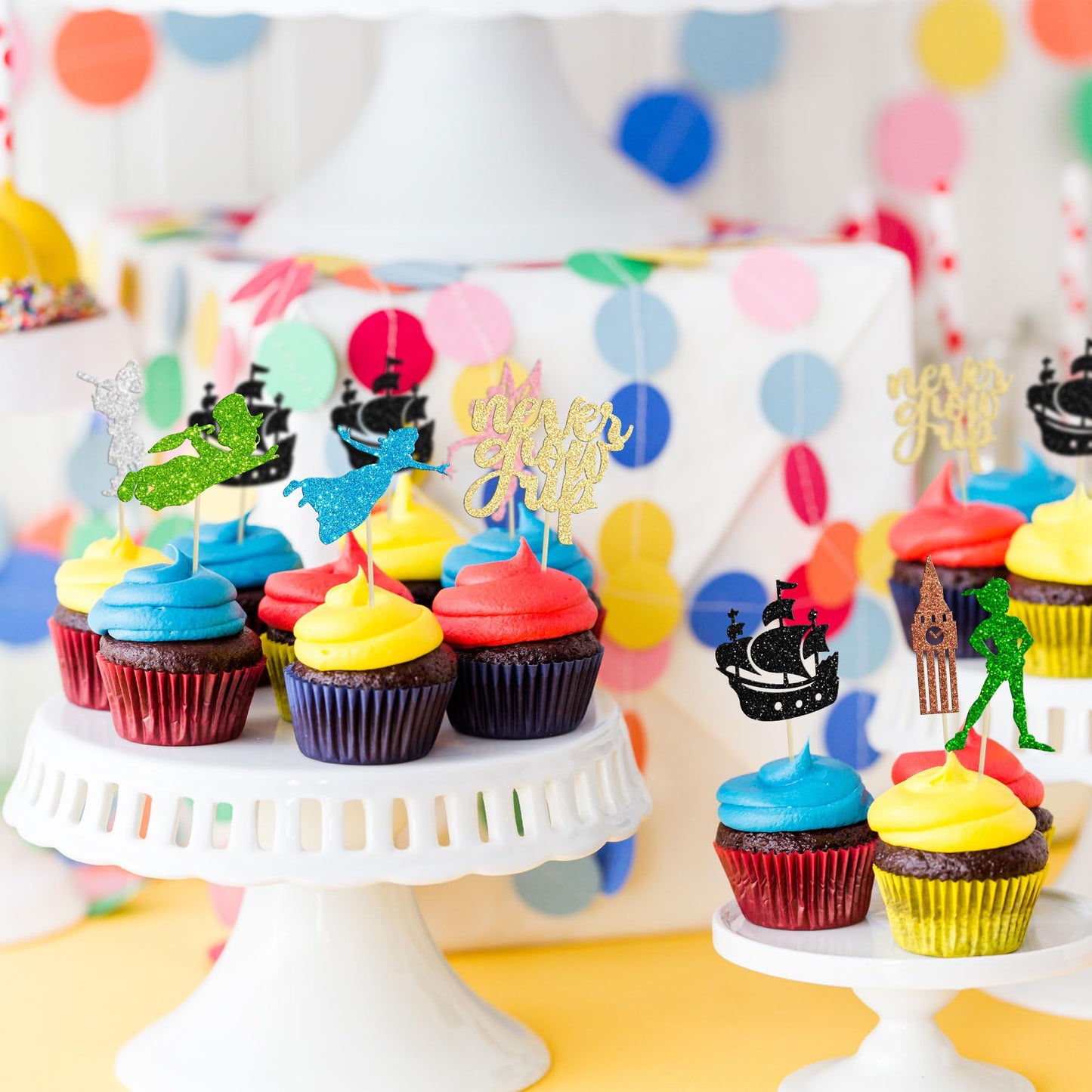 Gyufise 24 Pack Never Grow Up Cupcake Toppers Glitter Ship Neverland Elf Girl Cupcake Picks Night Fairy Tales P Pan Cupcake Deco
