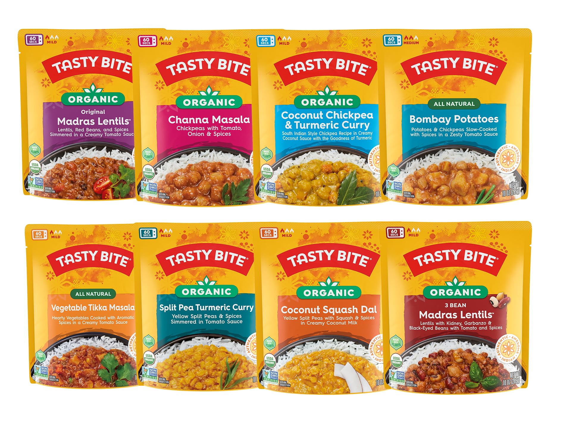 Tasty Bite Variety, Pack of 8, Madras Lentils, Bombay Potatoes, Vegetable Tikka Masala, Channa Masala, 3Bean Madras Lentils, Spl
